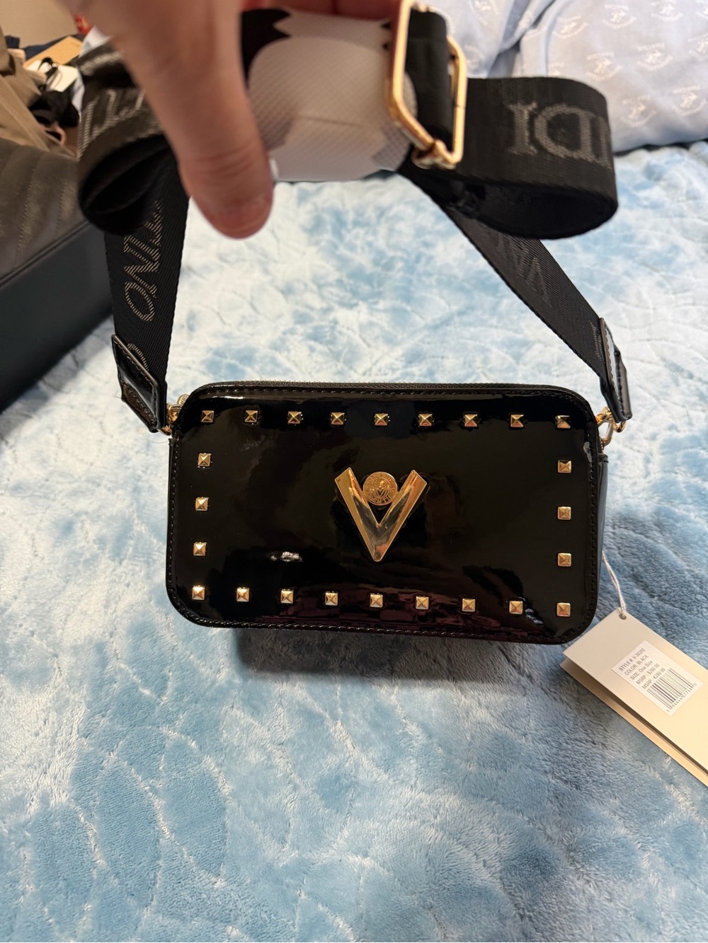 Valentino Orlandi Black Patent Crossbody with Gold V Emblem - Picture 1 of 1